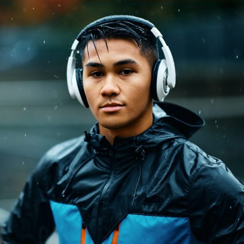 Portrait of male athlete listening music on headphones in the rain and looking at camera.